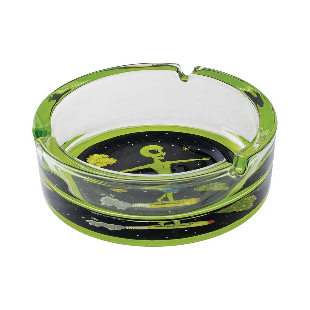 Green Alien Surfer Glass Ashtray