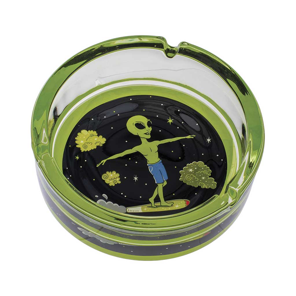 Green Alien Surfer Glass Ashtray